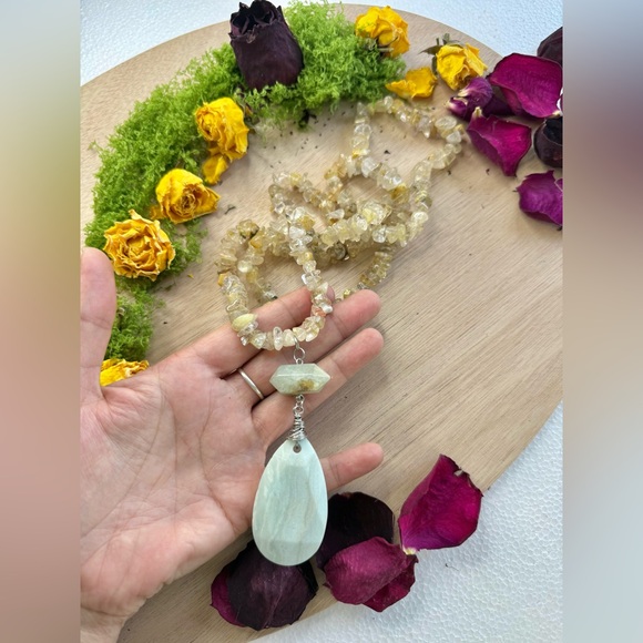 Jewelry - Golden Rutile Necklace with Double-Terminated Aquamarine & Amazonite Pendant